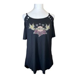 Harley-Davidson Cold‎ Shoulder Top Graphic Print Tee Biker Black L